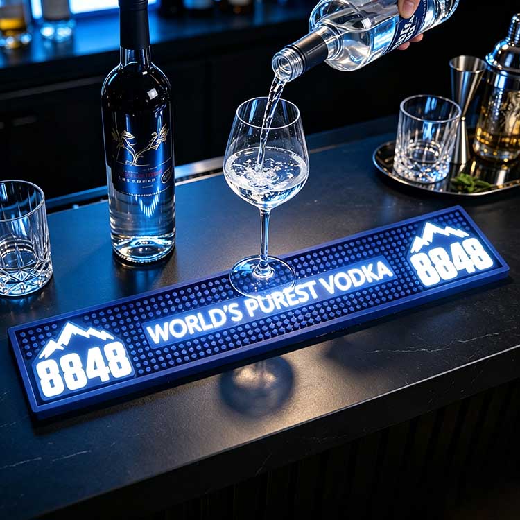 Custom LED Bar Spill Mat Battery Operated Illuminated Waterproof Non-Slip Spill Control Bar Runner, dark bar counter pouring shot with 8848 vodka bottle and cocktail glass on glowing branded mat