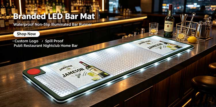 16:9 hero banner of Jameson branded LED bar mat waterproof non-slip illuminated bar runner on vintage wooden pub bar counter with whiskey bottle, cocktail glasses and bar tools, custom logo spill proof light up bar drip mat for pub, restaurant, nightclub, hotel lounge and home man cave cocktail cart bar station