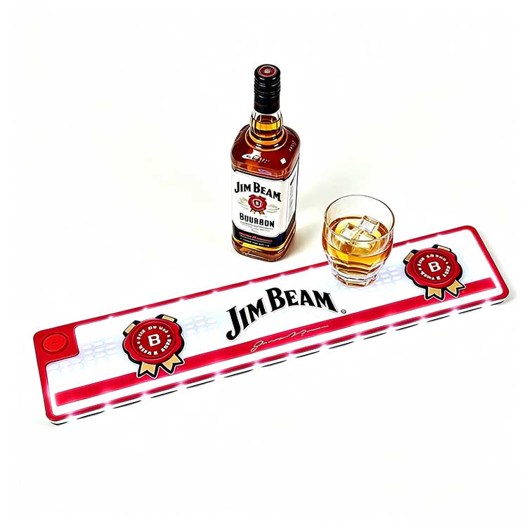 Custom Illuminated Bar Runner Battery Operated Button LED Jim Beam Waterproof Non-Slip Drip Mat, white background product shot, glowing LED border Jim Beam bar mat with Jim Beam bourbon bottle and ice whiskey glass