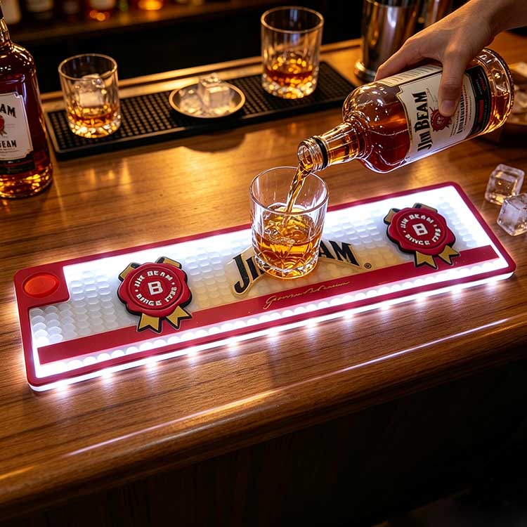 Custom Illuminated Bar Runner Battery Operated Button LED Jim Beam Waterproof Non-Slip Drip Mat, hand pouring Jim Beam bourbon into tumbler on glowing bar mat