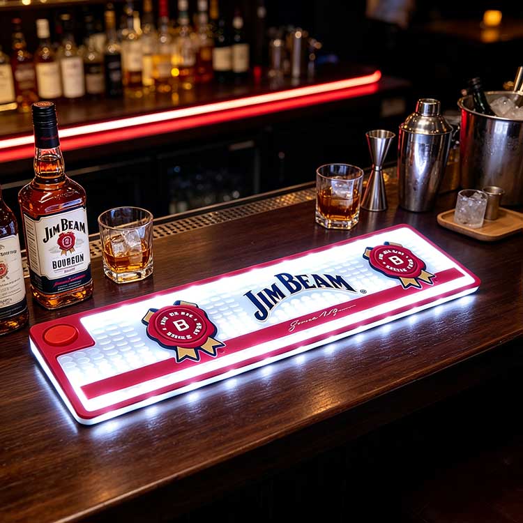 Custom Illuminated Bar Runner Battery Operated Button LED Jim Beam Waterproof Non-Slip Drip Mat, full warm commercial pub bar counter with liquor backbar and bar glassware