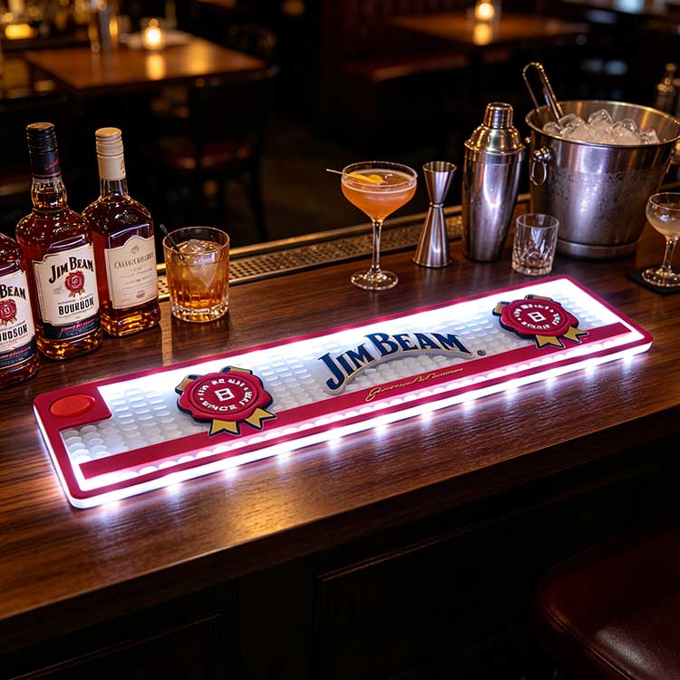 Custom Jim Beam Illuminated Bar Runner Battery Operated Button LED Waterproof Non-Slip Drip Mat, dark wooden commercial pub bar counter with Jim Beam bourbon bottles, cocktail glass and bar tools