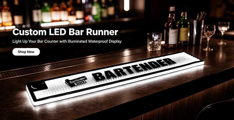 Hero banner custom LED bar runner illuminated waterproof bar drip mat with dual logo edge glow, commercial pub home party bar supply banner