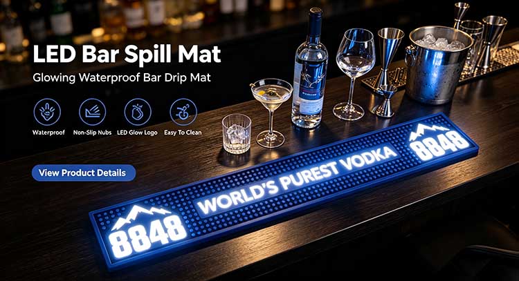 16:9 Hero Banner Custom LED Bar Spill Mat Battery Operated Illuminated Waterproof Non-Slip Spill Control Bar Runner, commercial bar counter 8848 vodka mat with core selling feature text overlays