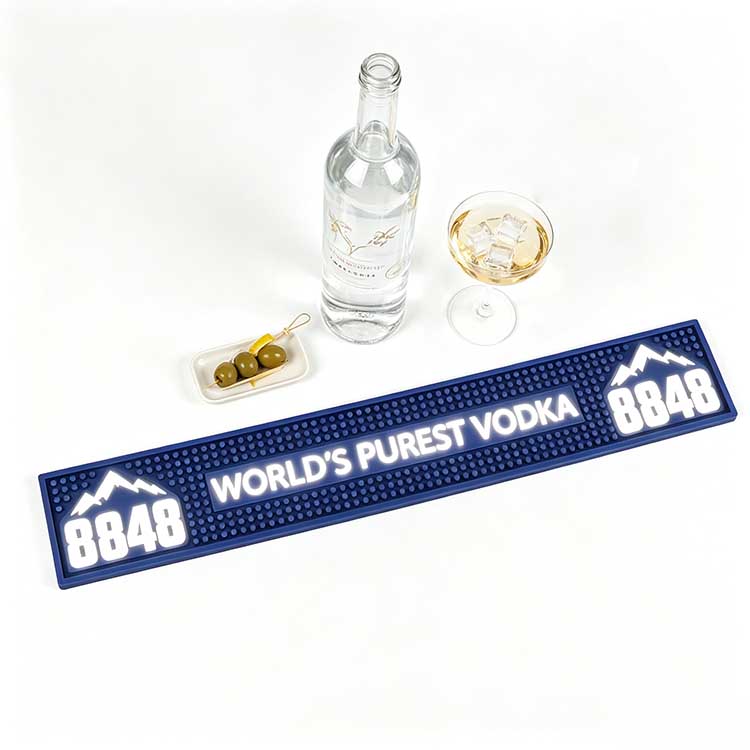 Custom LED Bar Spill Mat Battery Operated Illuminated Waterproof Non-Slip Spill Control Bar Runner, white background product photo, blue silicone 8848 World’s Purest Vodka bar mat with vodka bottle and cocktail glass