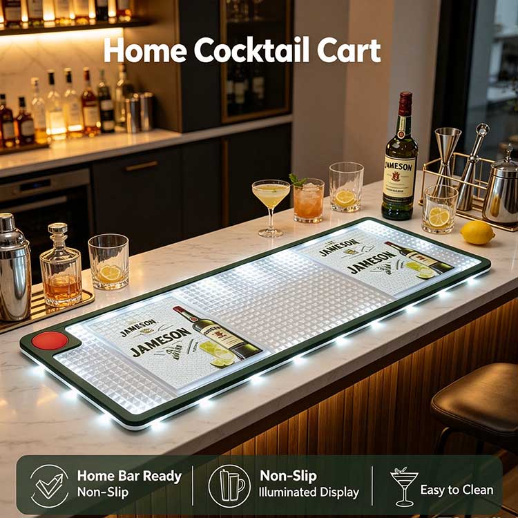 Home interior scene of Jameson branded waterproof LED bar mat placed on white marble home cocktail cart counter, illuminated edge light creates warm ambient decor for man cave entertainment spaces, styled with whiskey bottles, cocktail glasses and metal bar tools