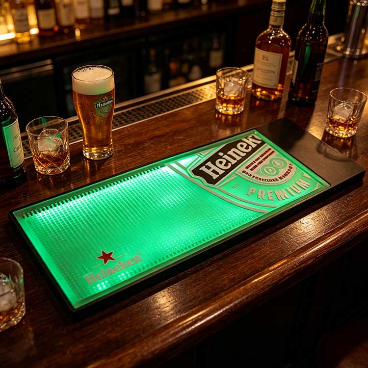 Personalized LED Bar Mat Logo Heineken Waterproof Sealed Green LED Wholesale For Full-Service Traditional Pub & Casual Dining Bar