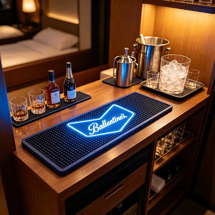 Luxury hotel mini bar scene Luminous LED Ballantine’s Bar Runner Waterproof Non-Slip Spill Drip Mat, wooden hotel room bar cabinet with whiskey bottles, ice bucket and bar glassware