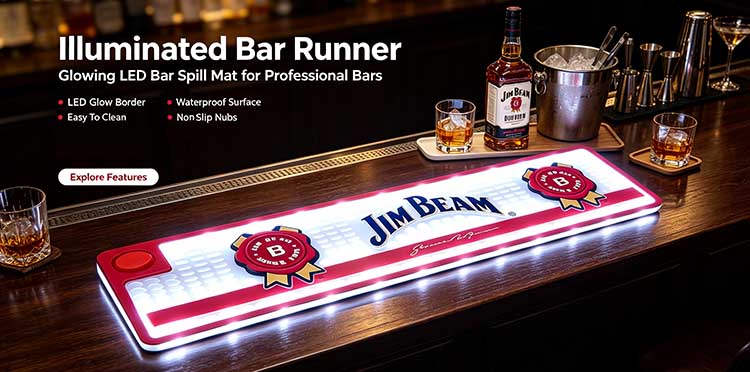 16:9 Hero Banner Custom Illuminated Bar Runner Battery Operated Button LED Jim Beam Waterproof Non-Slip Drip Mat, wooden professional bar counter with Jim Beam bourbon, ice bucket and cocktail tools, feature text overlay