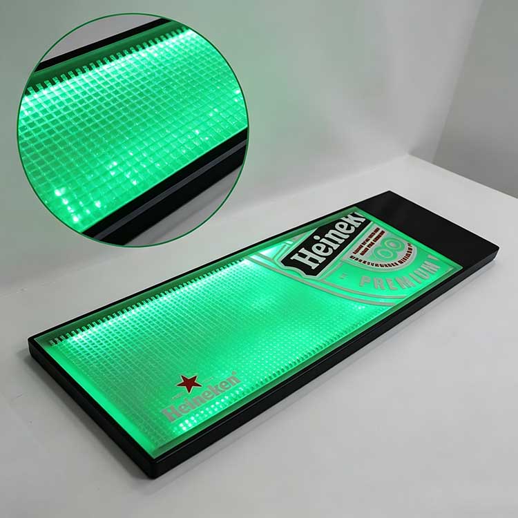Personalized LED Bar Mat Logo Heineken Raised Grid Spill Proof Rubber Surface Close-Up Wholesale Infographic