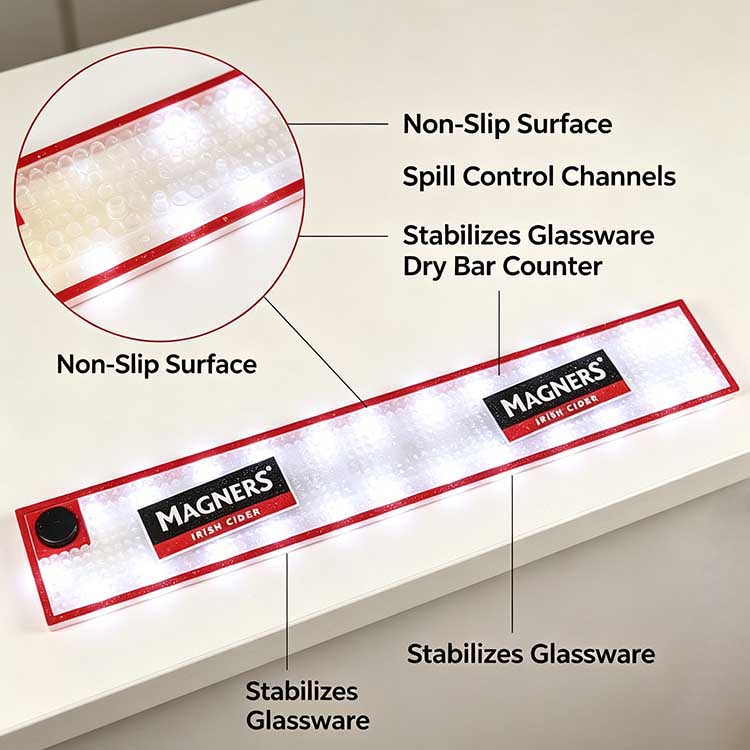 Labeled feature infographic of commercial LED bar runner, marks non-slip bubble surface, spill control drip channels and glassware stabilizing design for bar spill mat