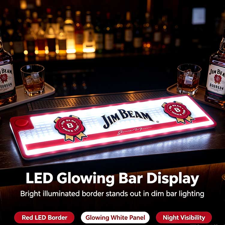 Custom Illuminated Bar Runner Battery Operated Button LED Jim Beam Waterproof Non-Slip Drip Mat, dark bar background showcasing glowing LED border night display effect