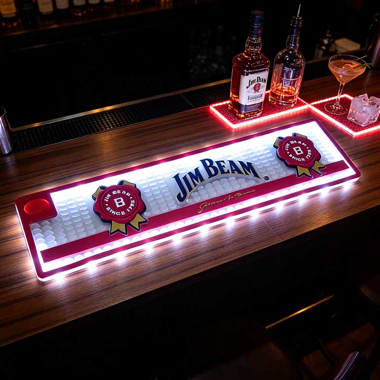 Custom Illuminated Bar Runner Battery Operated Button LED Jim Beam Waterproof Non-Slip Drip Mat, dark dim nightclub wooden bar counter, glowing LED edge Jim Beam bar mat with liquor bottles