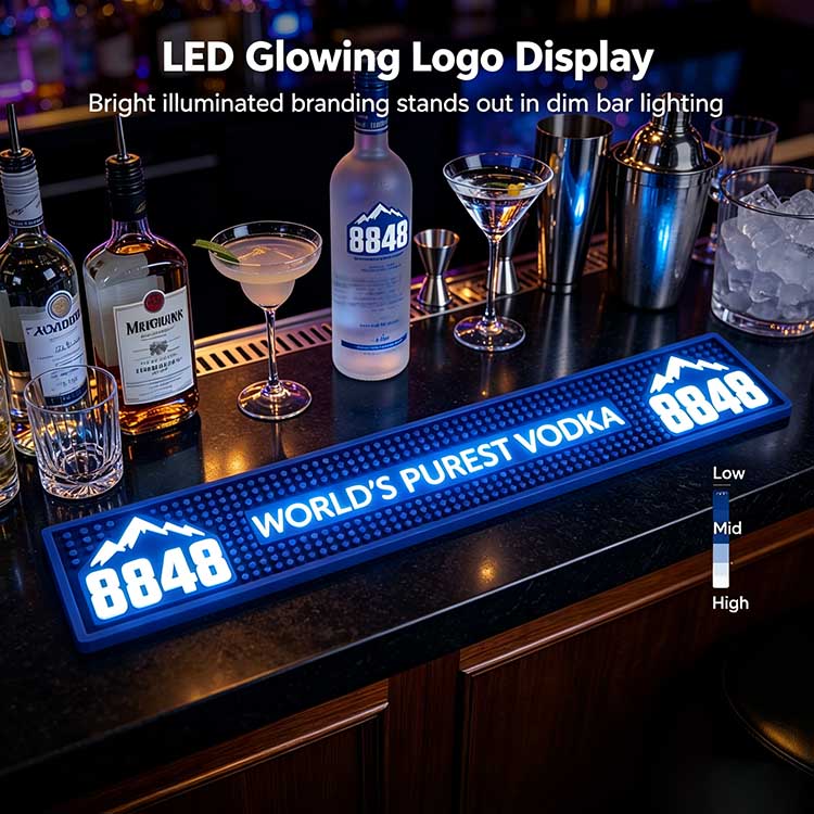 Custom LED Bar Spill Mat Battery Operated Illuminated Waterproof Non-Slip Spill Control Bar Runner, dim nightclub bar scene highlighting bright LED glowing 8848 logo night visibility
