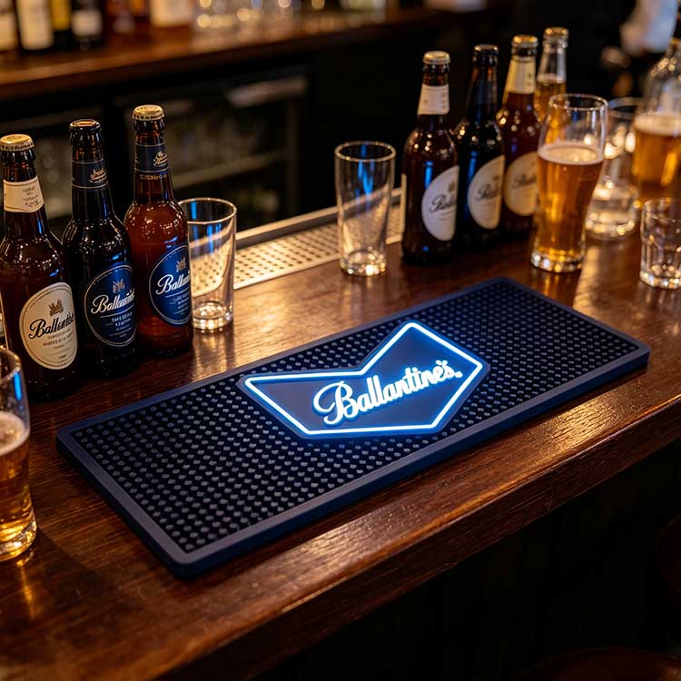 Ballantine’s Luminous LED Bar Runner Waterproof Non-Slip Spill Drip Mat for Pub Club Bar Counter, dark bar scene with beer bottles, pub commercial bar counter glowing bar mat