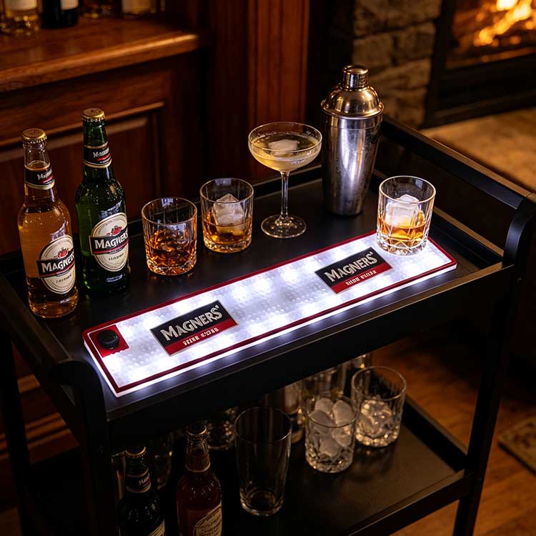 Commercial battery operated LED bar runner placed on black metal home cocktail cart, illuminated Magners bar spill mat styled with cider bottles, cocktail glasses and bar shaker for man cave home bar decor