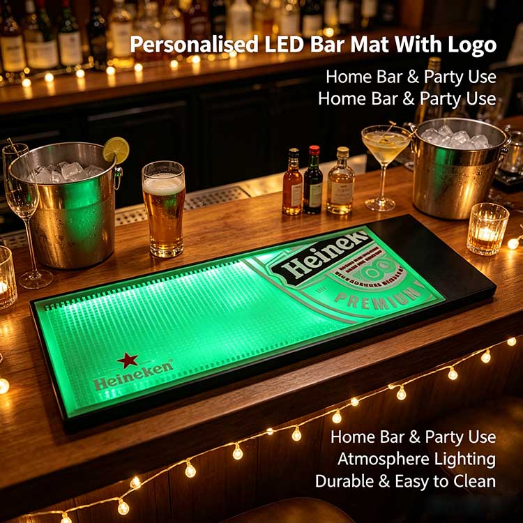 Personalized LED Bar Mat Logo Heineken Sealed Green LED Waterproof Rubber Wholesale For Private Home Bar Cart & Man Cave Party Decor