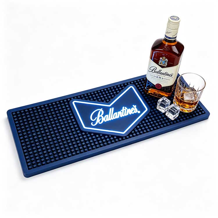 Luminous Bar Mat LED Illuminated Ballantine’s Bar Runner Waterproof Non-Slip Spill Drip Mat, white background product shot, glowing Ballantine’s logo silicone bar drip mat with whiskey bottle and crystal ice tumbler