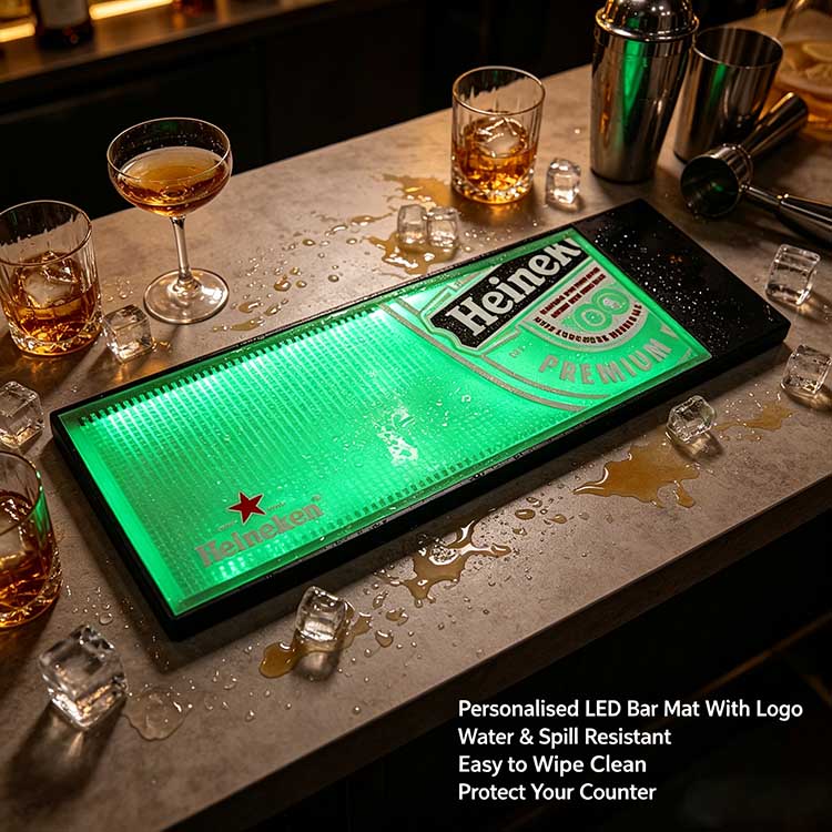 Personalized LED Bar Mat Logo Heineken Spill Lock Waterproof Rubber Infographic Marble Cocktail Bar Test Demo