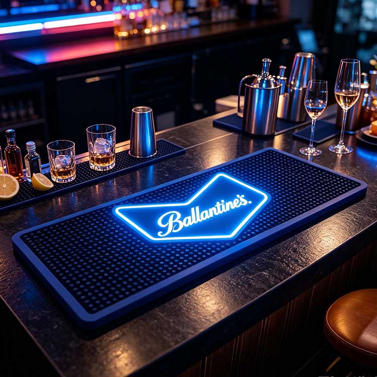 Dark nightclub mood scene Luminous LED Ballantine’s Bar Runner Waterproof Non-Slip Spill Drip Mat, dark stone bar counter with cocktail tools, dim neon club background glowing silicone bar mat