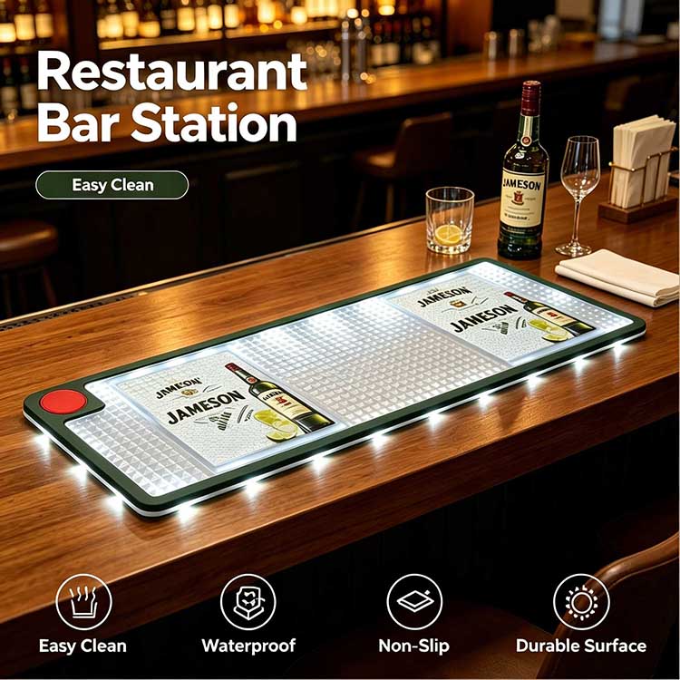 Restaurant wooden bar serving station scene featuring Jameson branded waterproof LED bar mat, illuminated edge logo display, non-slip spill-proof textured surface designed for high-traffic restaurant dinner service bars