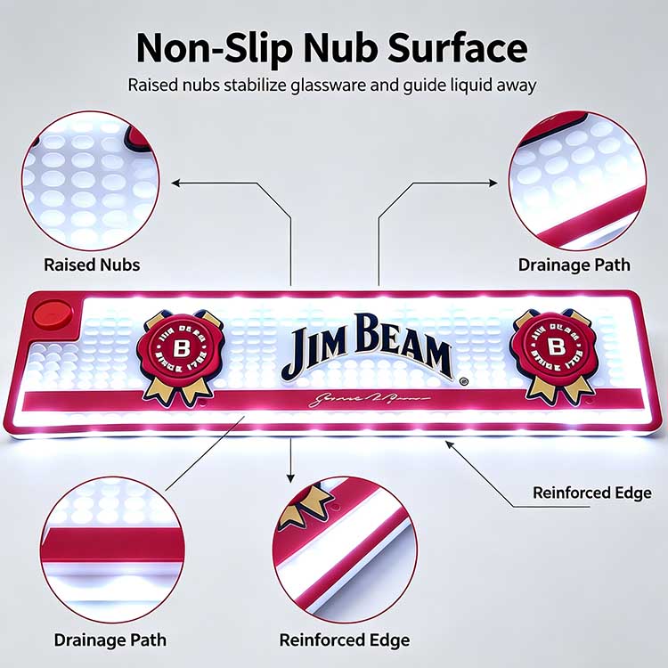 Custom Illuminated Bar Runner Battery Operated Button LED Jim Beam Waterproof Non-Slip Drip Mat, structural feature diagram with callouts for Raised Nubs, Drainage Path, Reinforced Edge