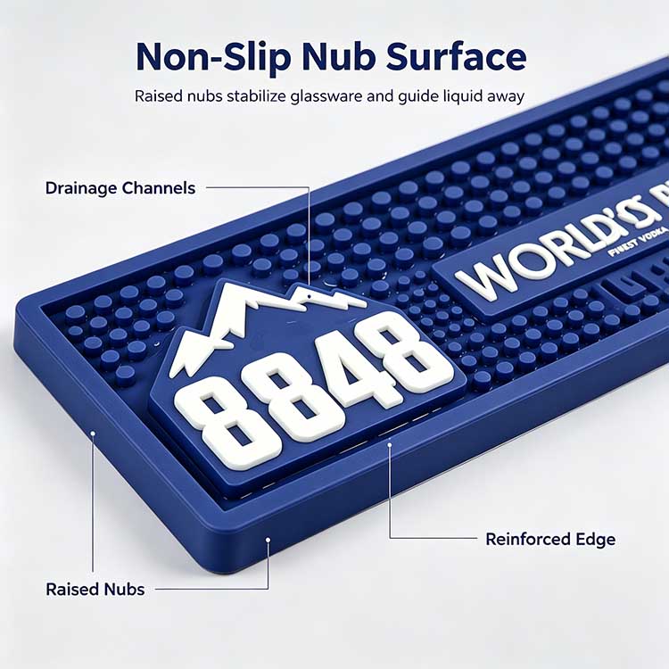 Custom LED Bar Spill Mat Battery Operated Illuminated Waterproof Non-Slip Spill Control Bar Runner, technical feature diagram with callouts for raised nubs, drainage paths and reinforced edge silicone construction