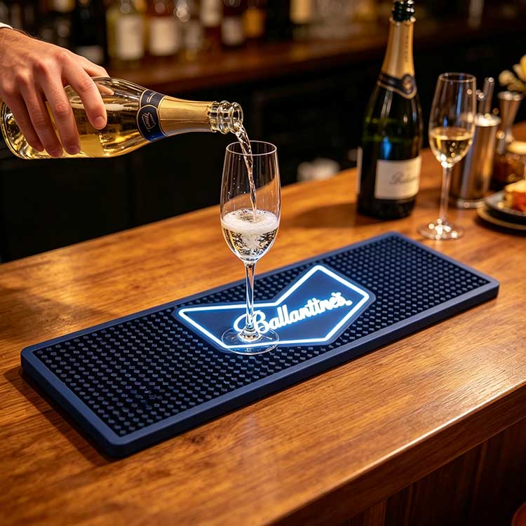 Practical pouring scene Luminous LED Ballantine’s Bar Runner Waterproof Non-Slip Spill Drip Mat, hand pouring champagne into wine glass placed on glowing silicone bar mat