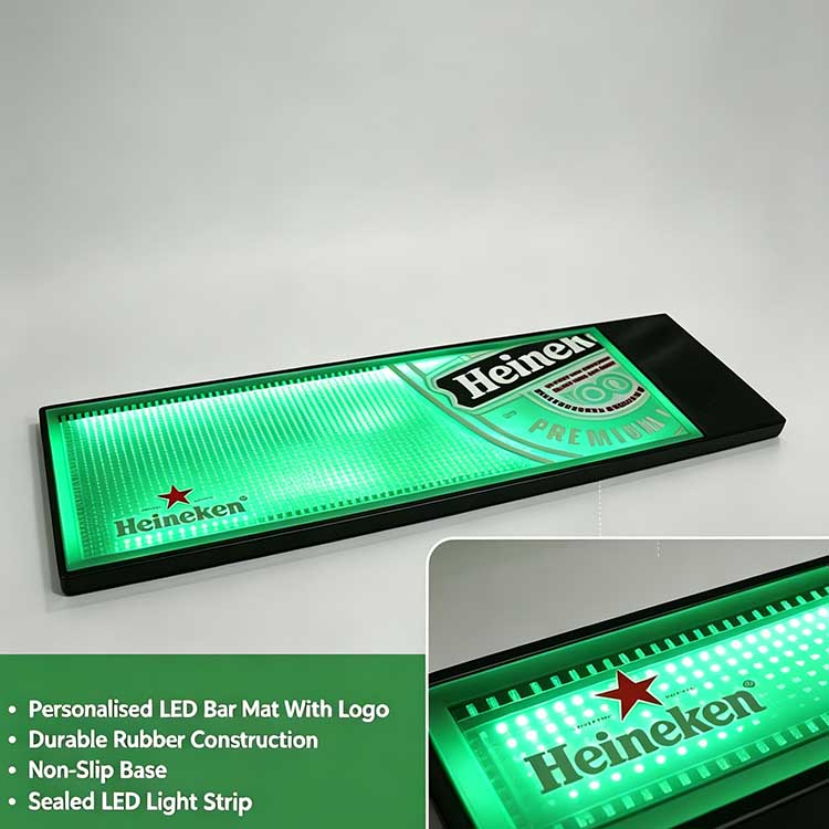 Personalized LED Bar Mat Logo Heineken Multi-Layer Waterproof Rubber Schematic For Cocktail Lounge Pub & Home Party Bar Counter