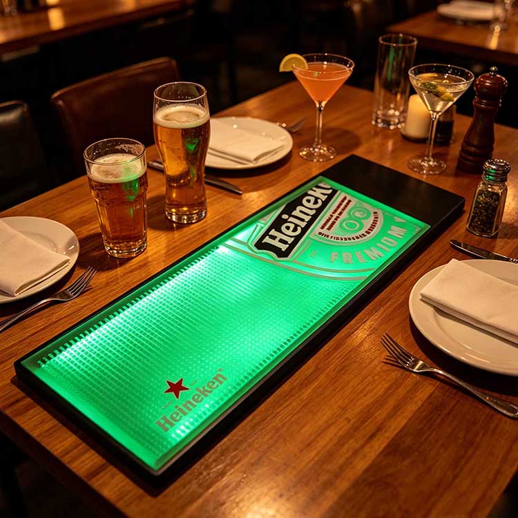 Personalized LED Bar Mat Logo Heineken Bright Sealed Green LED Waterproof Rubber Wholesale For Casual Dining Restaurant Bar Counter
