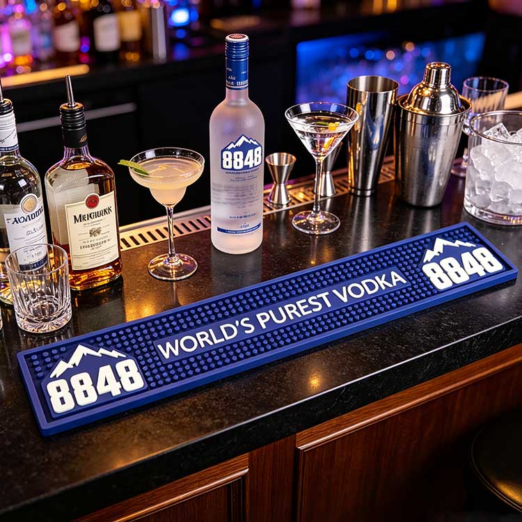 Custom LED Bar Spill Mat Battery Operated Illuminated Waterproof Non-Slip Spill Control Bar Runner, full nightclub wooden bar counter scene with 8848 vodka bottles, cocktail glassware and bar shaker tools