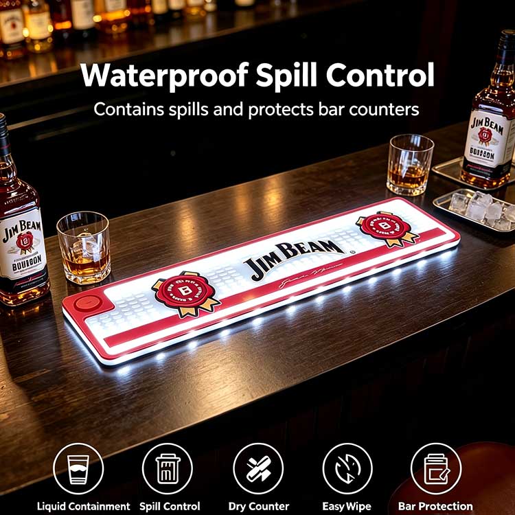 Custom Illuminated Bar Runner Battery Operated Button LED Jim Beam Waterproof Non-Slip Drip Mat, waterproof spill control feature graphic with functional icons for liquid containment & easy wipe