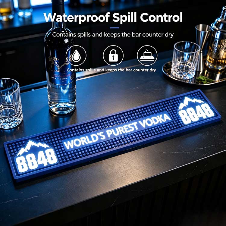 Custom LED Bar Spill Mat Battery Operated Illuminated Waterproof Non-Slip Spill Control Bar Runner, waterproof spill control marketing graphic with liquid containment feature icons