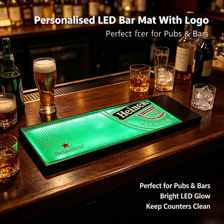 Personalized LED Bar Mat Logo Heineken Full Surround Sealed Green LED Waterproof Rubber Wholesale For Dark Wood Traditional Pub Full Counter Display