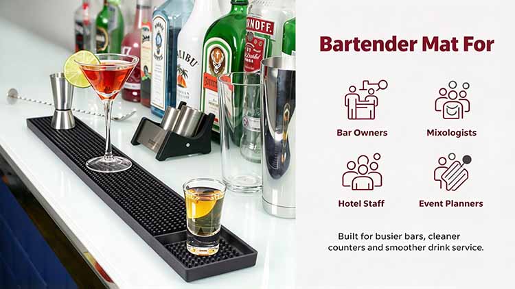 Bartender Mat for Bar Owners, Mixologists, Hotel Staff, and Event Planners.