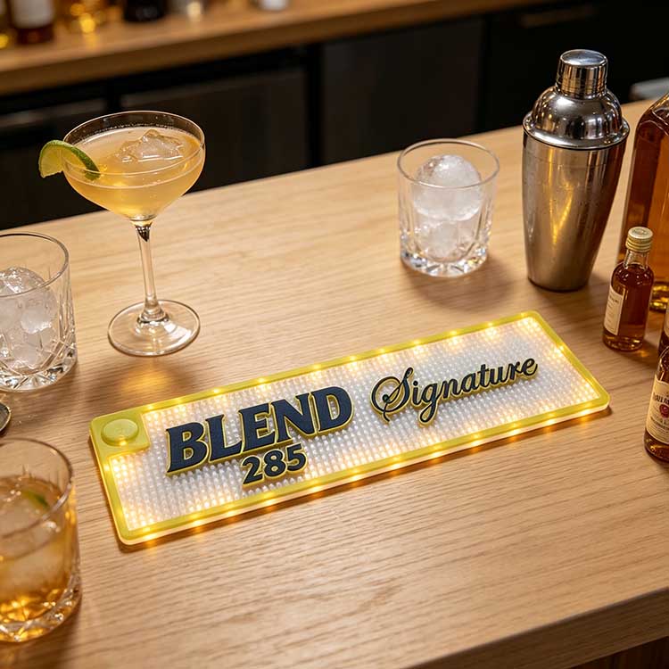 BLEND 285 Custom Glow Bar Runner LED light up mat flat on wooden pub bar counter