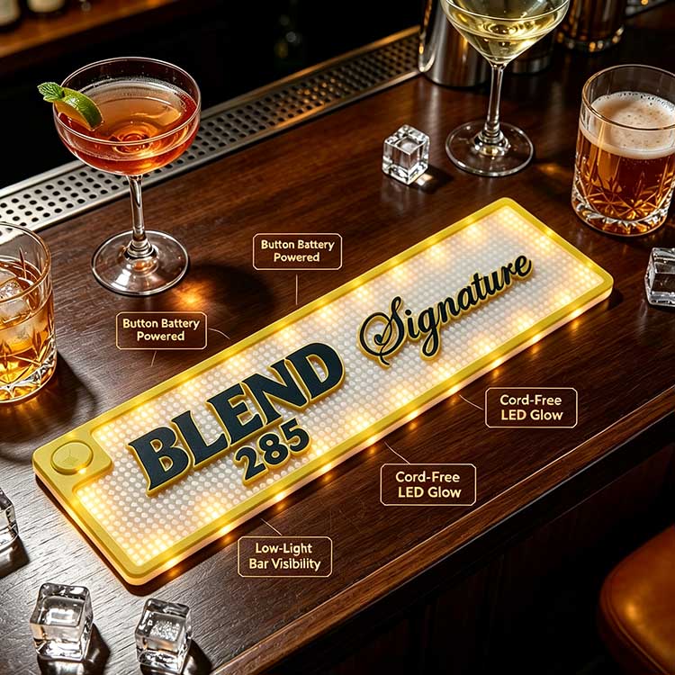 BLEND 285 LED Bar Runner warm edge glow cord-free battery feature infographic
