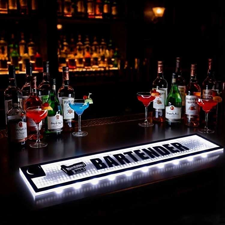Commercial pub nightclub real scene custom LED bar runner, glowing illuminated bar drip mat on cocktail counter for bartender workspace decor
