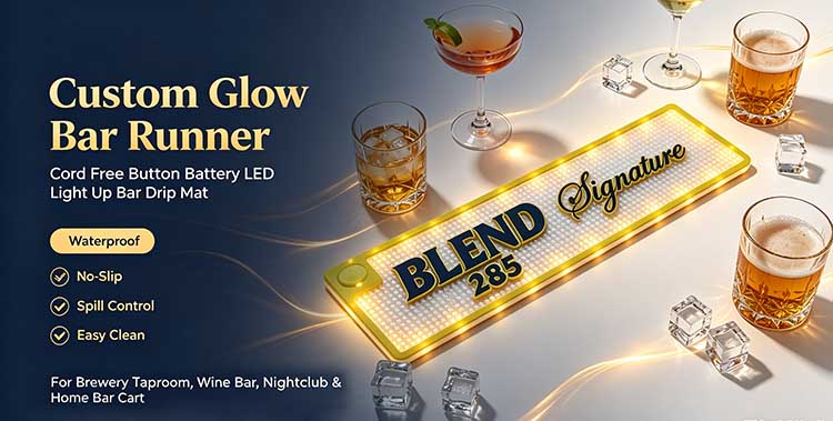 Custom Glow Bar Runner BLEND 285 16:9 hero banner cord free LED waterproof branded bar drip mat commercial & home bar display