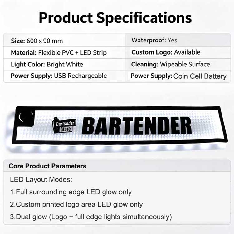 Full specification infographic custom illuminated LED bar runner, dimension size, 3 light modes, silicone material, IP65 waterproof rating, power supply parameter chart