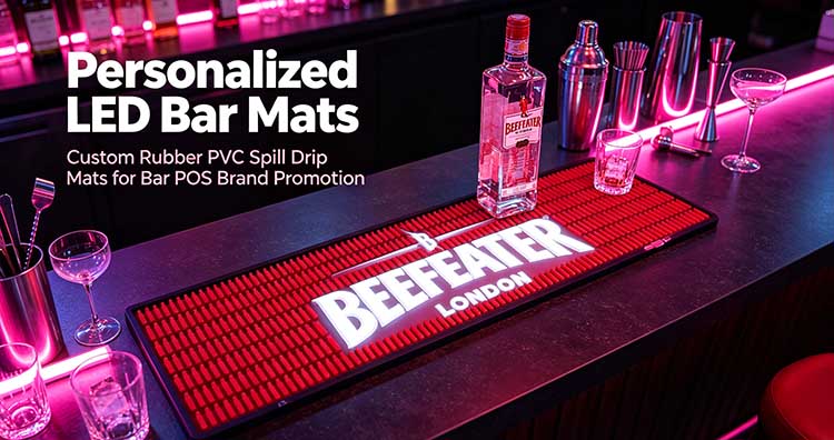 Website hero banner featuring custom LED glow in dark rubber bar runner, personalized PVC spill drip bar mat for bar, pub, restaurant liquor brand POS marketing promotion