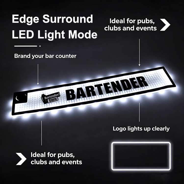 Edge surrounding only LED glowing custom bar runner, full border illuminated light up silicone bar drip mat, decorative edge lighting for pub counter display