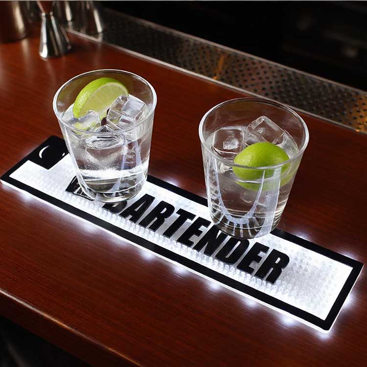Home private cocktail party scene custom LED bar runner, glowing waterproof bar mat on indoor kitchen island bar for family gathering decor
