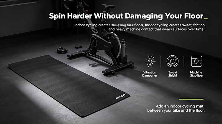 Heavy-duty indoor cycling mat protecting a home gym floor from vibration, sweat, and heavy bike equipment.