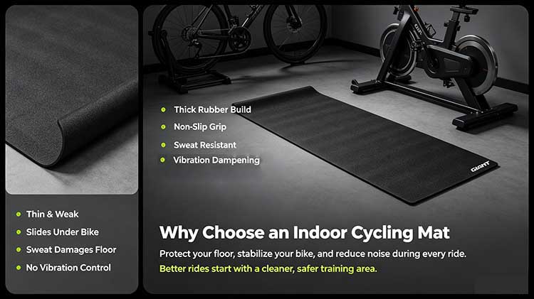 Comparison of a thin PVC mat versus a heavy-duty indoor cycling mat for floor protection.