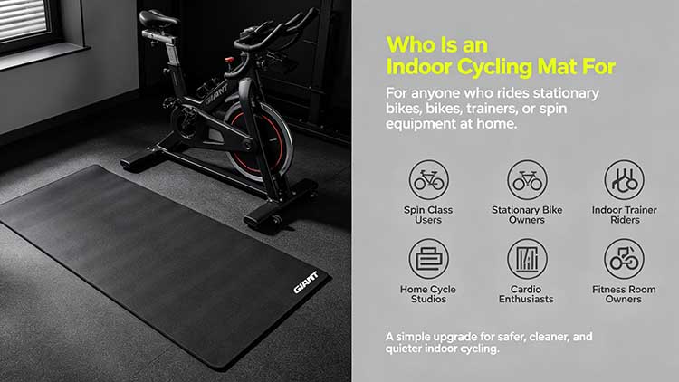 Indoor cycling mat targeting home gym owners, spin class users, and indoor trainer riders.