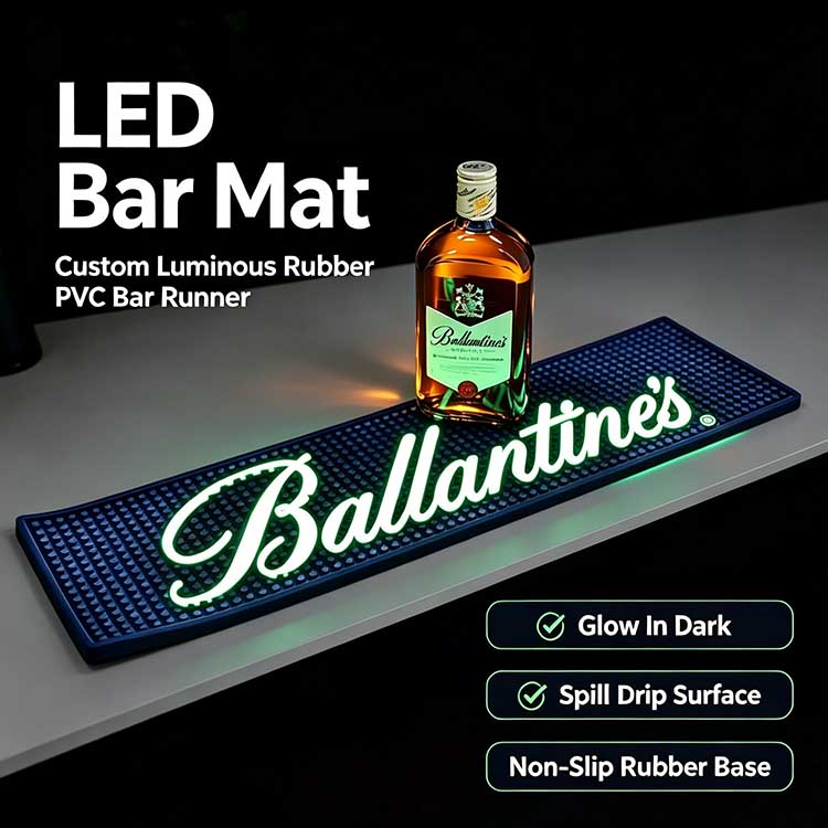 Custom LED bar mat, luminous rubber PVC bar runner with spill drip surface, non-slip base for whisky brand display and bar counter promotion.