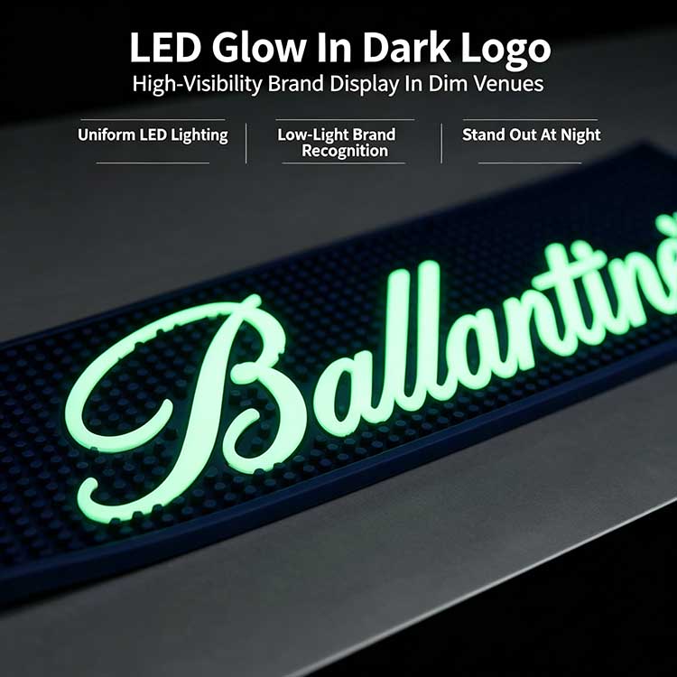 LED glow in dark bar mat with custom illuminated logo, high-visibility luminous bar runner for dim bars, whisky events and night brand displays