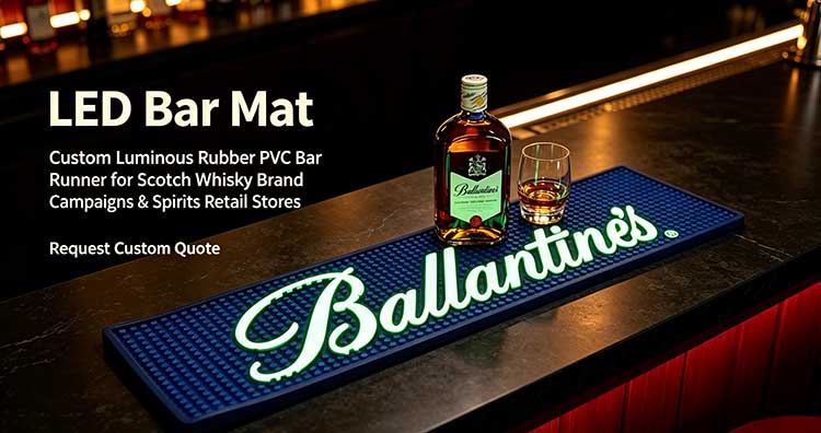 Hero banner of custom LED bar mat, luminous rubber PVC bar runner with whisky bottle display for scotch whisky brand campaigns and spirits retail stores.