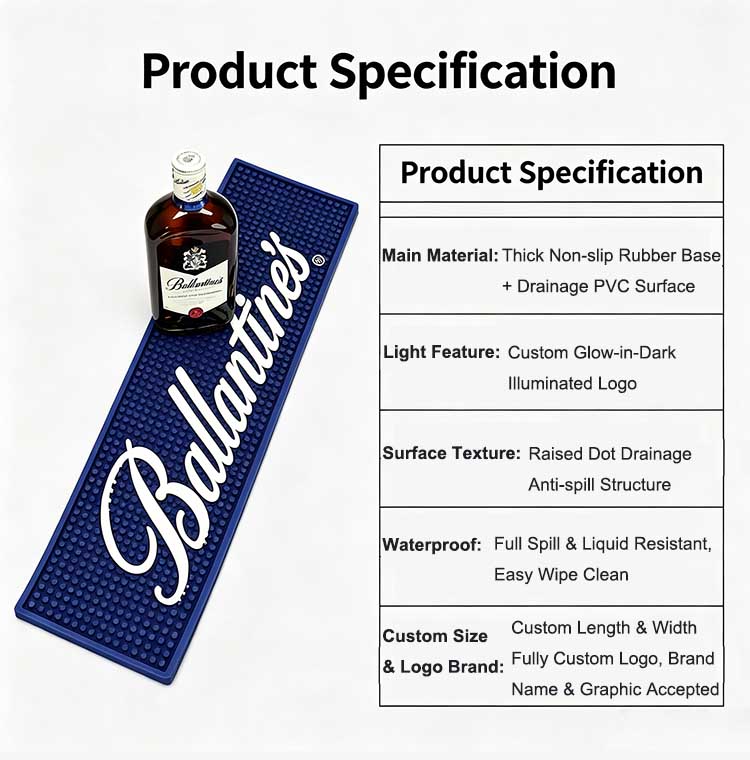 LED bar mat product specification chart, rubber base, PVC surface, custom glow logo, waterproof spill resistant and custom size options.